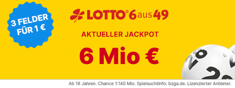 Lotto 6aus49 Gutschein: 3 Tipps für nur 1€ - 1 Mio. € Jackpot sichern