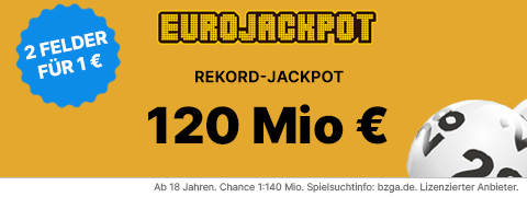 Eurojackpot Gutschein: 52 Mio. € im Jackpot - 2 Felder für nur 1€!