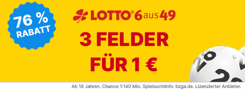 Exklusiver Tippland Gutschein: 3 Lotto 6aus49 Felder zum Preis von 1€